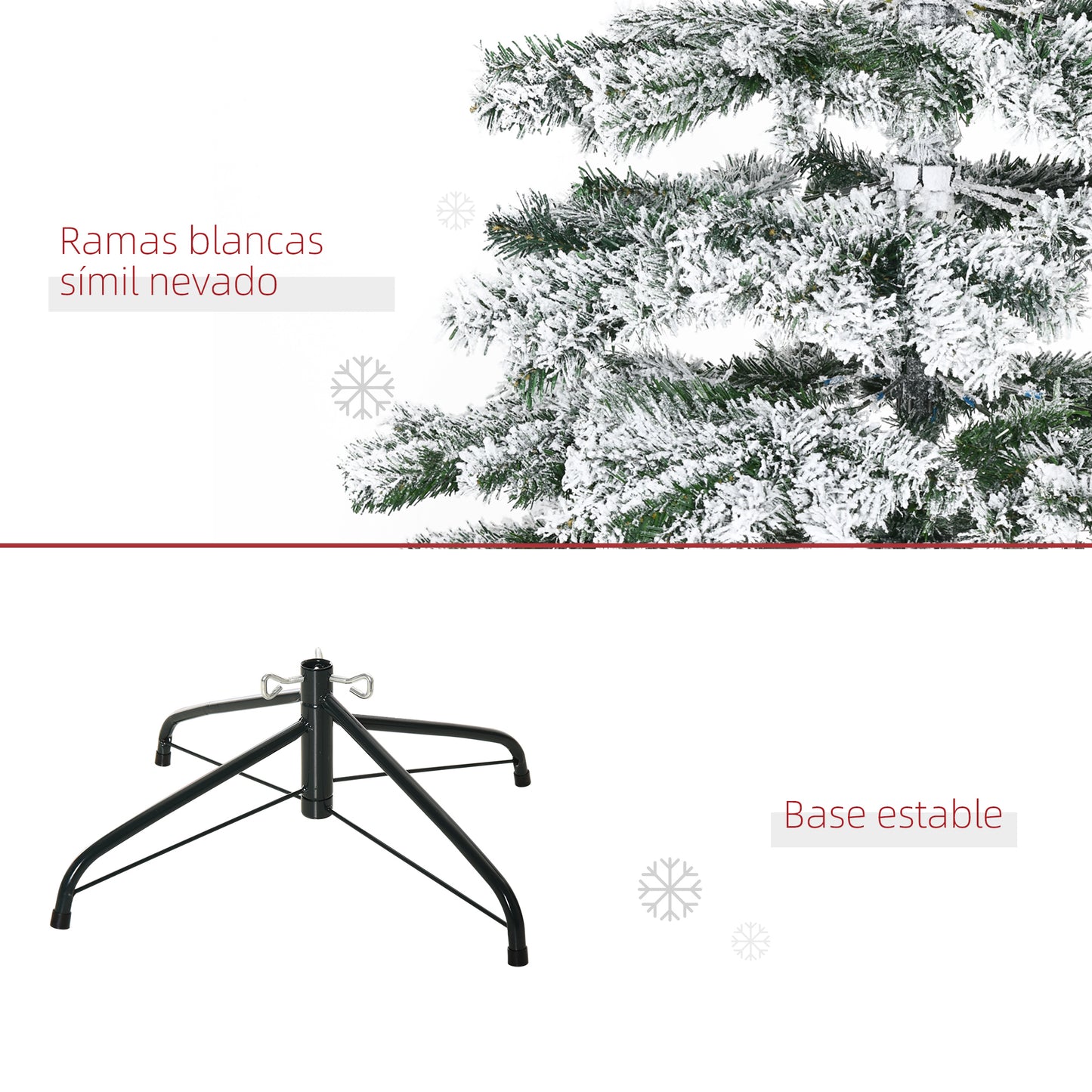 HOMCOM Árbol de Navidad 225 cm Nevado Artificial con 1083 Puntas de PVC Base Plegable y Soporte de Metal Decoración Navideño para Interiores 140x140x225 cm Verde y Blanco