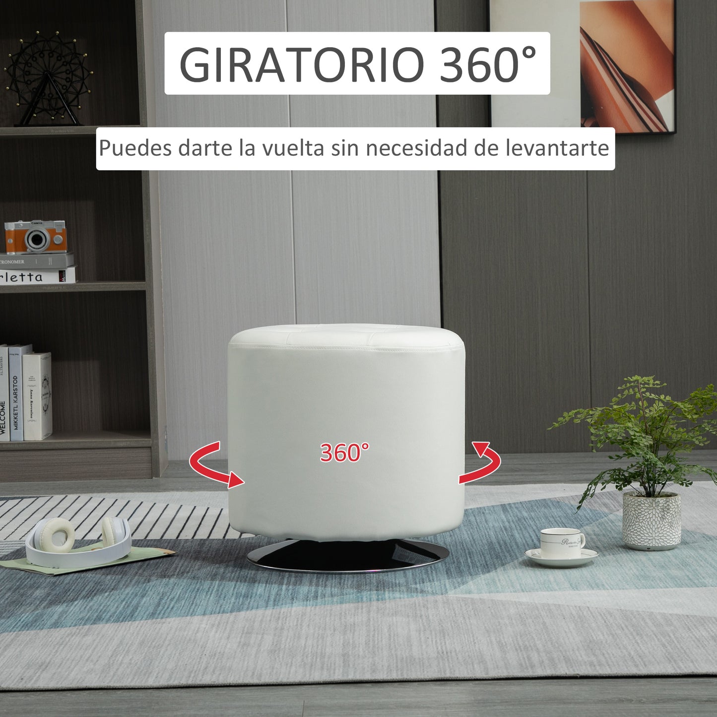 HOMCOM Reposapiés Otomano Giratorio Taburete Puff Redondo Tapizado en Piel Sintético de Estilo Moderno para Dormitorio Entrada Salón Ø45,5x44,5 cm Blanco