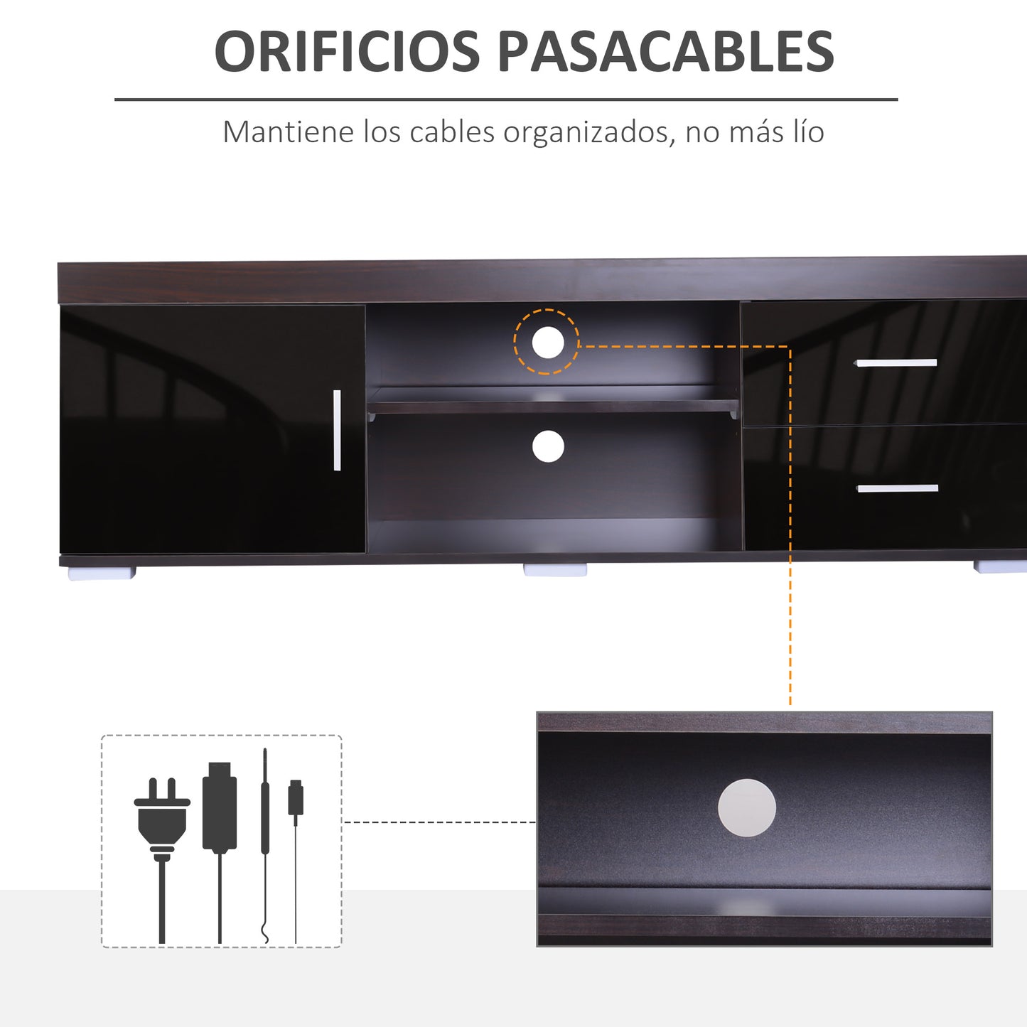 HOMCOM Mueble para TV Mesa para TV de Salón con Armario Cajones Estantes Abiertos Ajustable de 3 Niveles Soporte de Televisor Diseño Clásico Carga 80 kg 140x40x45 cm Café