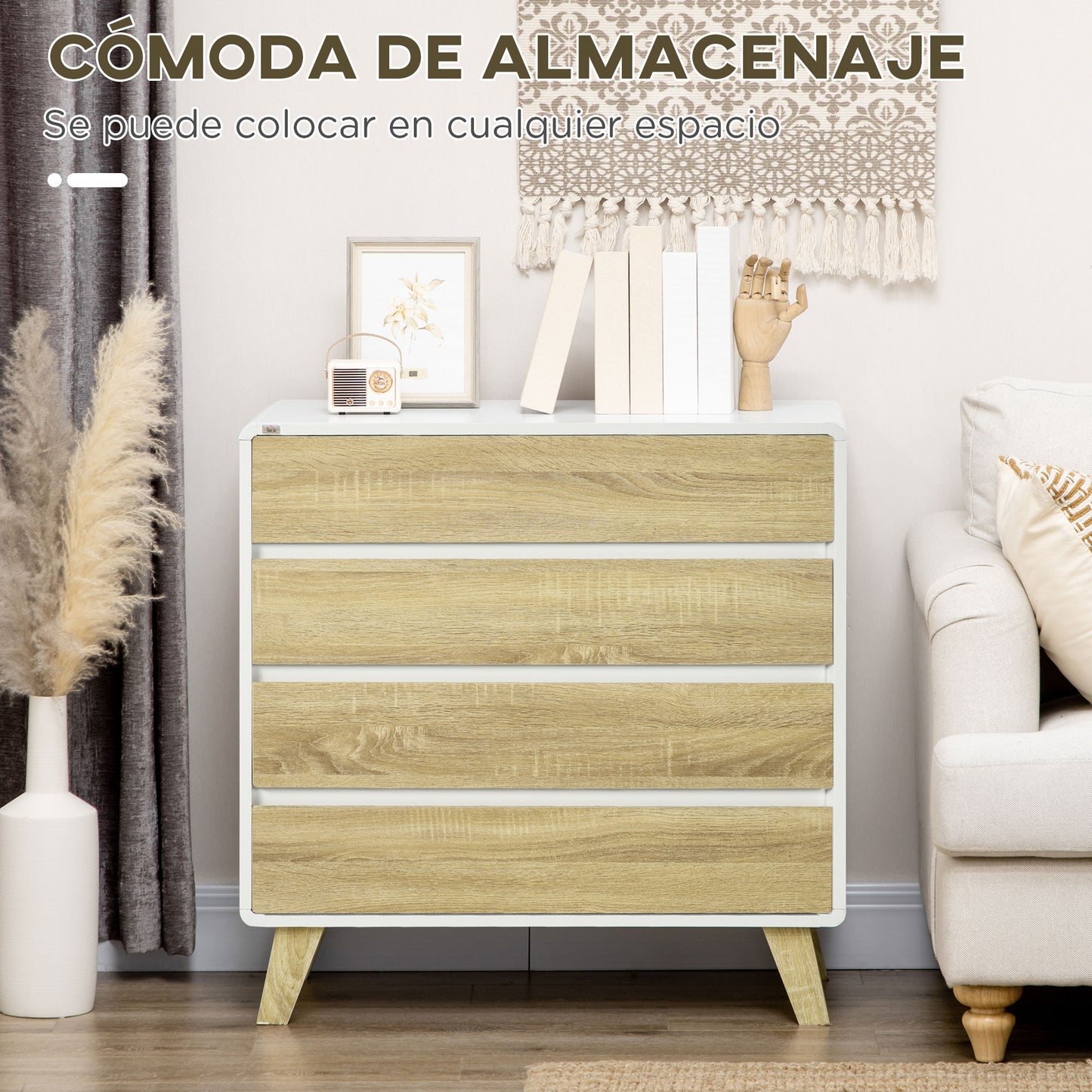 HOMCOM Cómoda con 4 Cajones Cajonera de Madera Cajonera para Armario con Patas Elevadas para Salón Dormitorio Oficina 80x40x79,5 cm Blanco y Roble