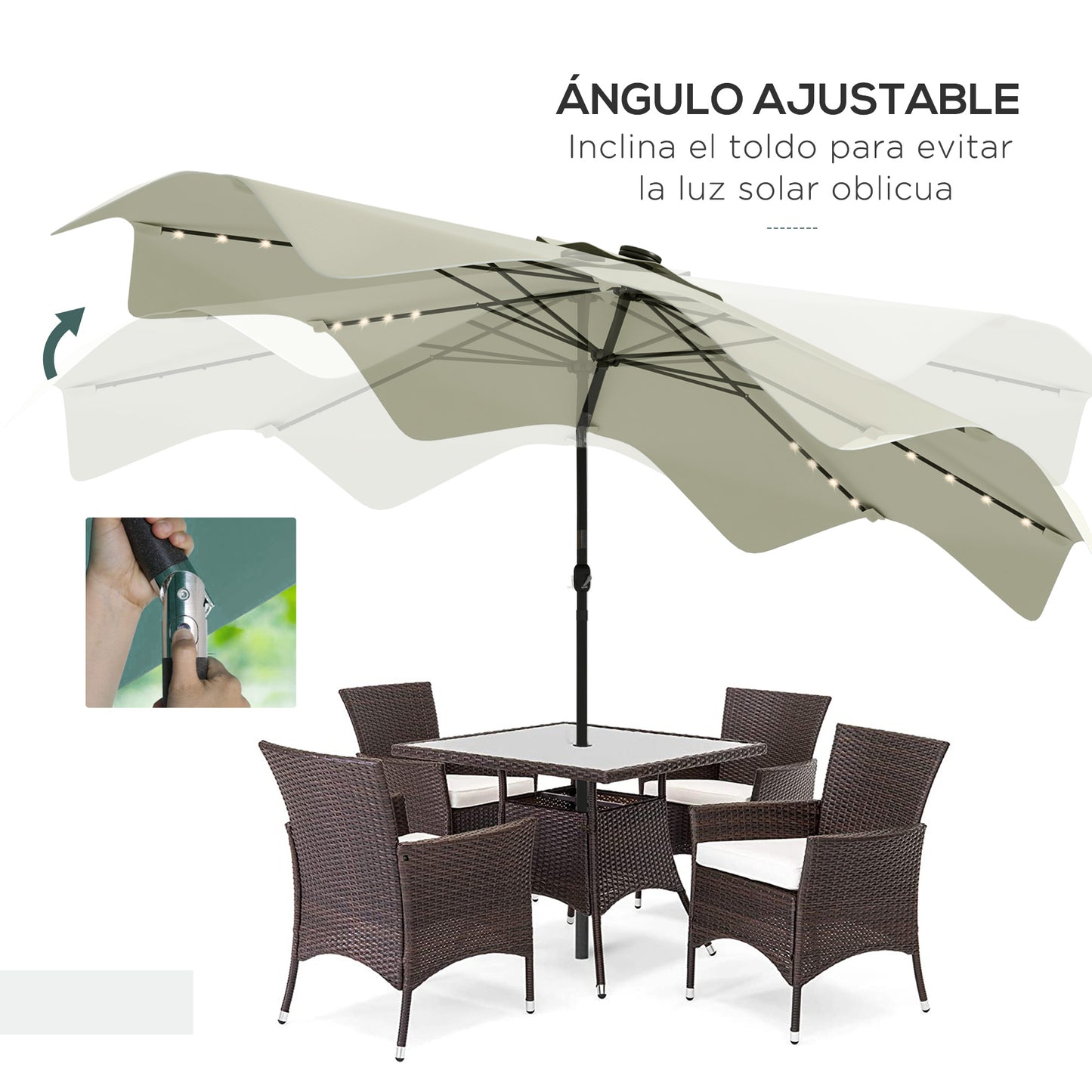 Outsunny Sombrilla de Jardín Ø292x248 cm Parasol de Terraza Manual con 32 Luces LED Solares 8 Varillas Ángulo Ajustable Impermeable y Rejillas de Ventilación para Patio Balcón Crema