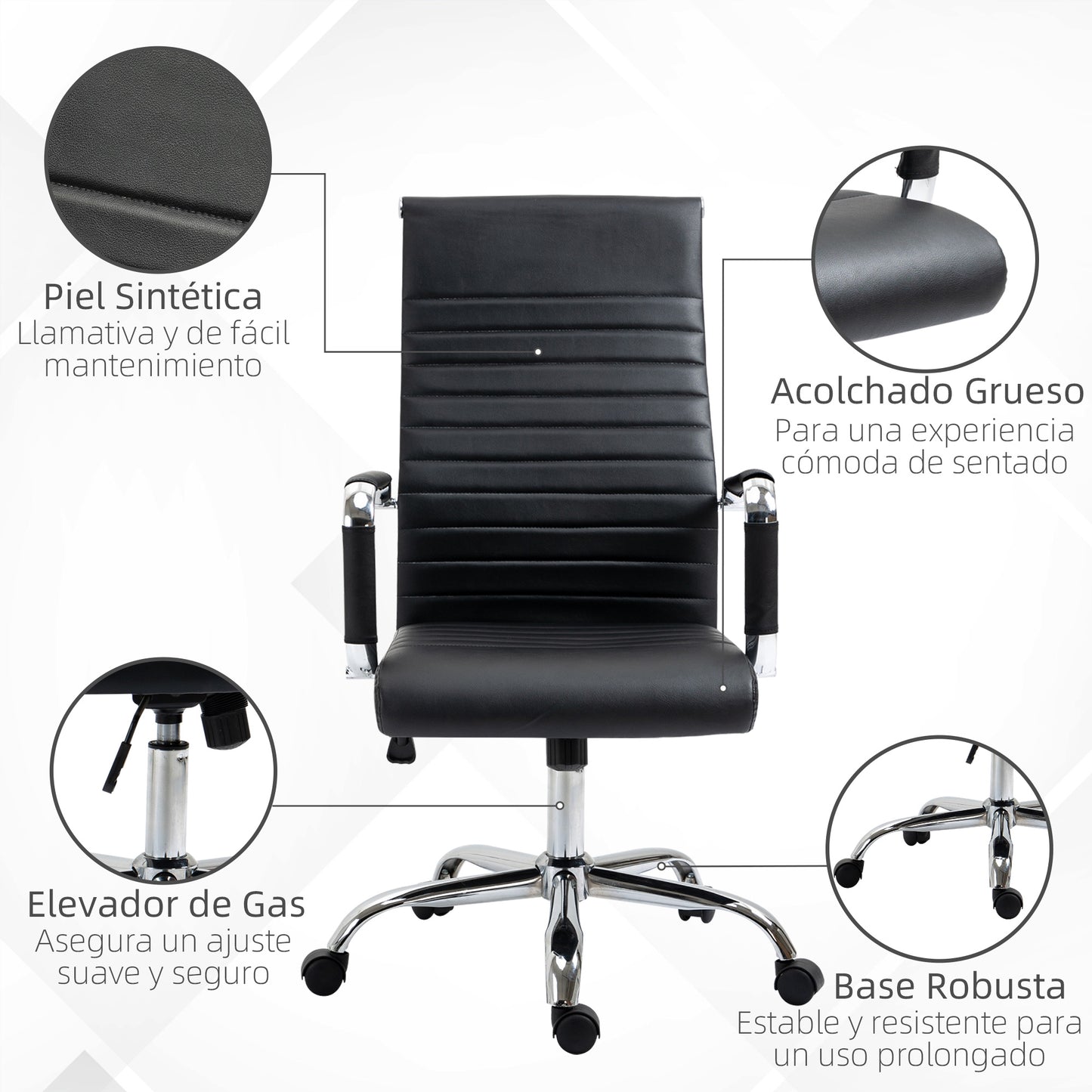 Vinsetto Silla de Oficina Silla de Escritorio Giratoria 360° Basculante con Altura Ajustable y Reposabrazos Tapizado en Piel Sintética 54x62x104-114 cm Negro