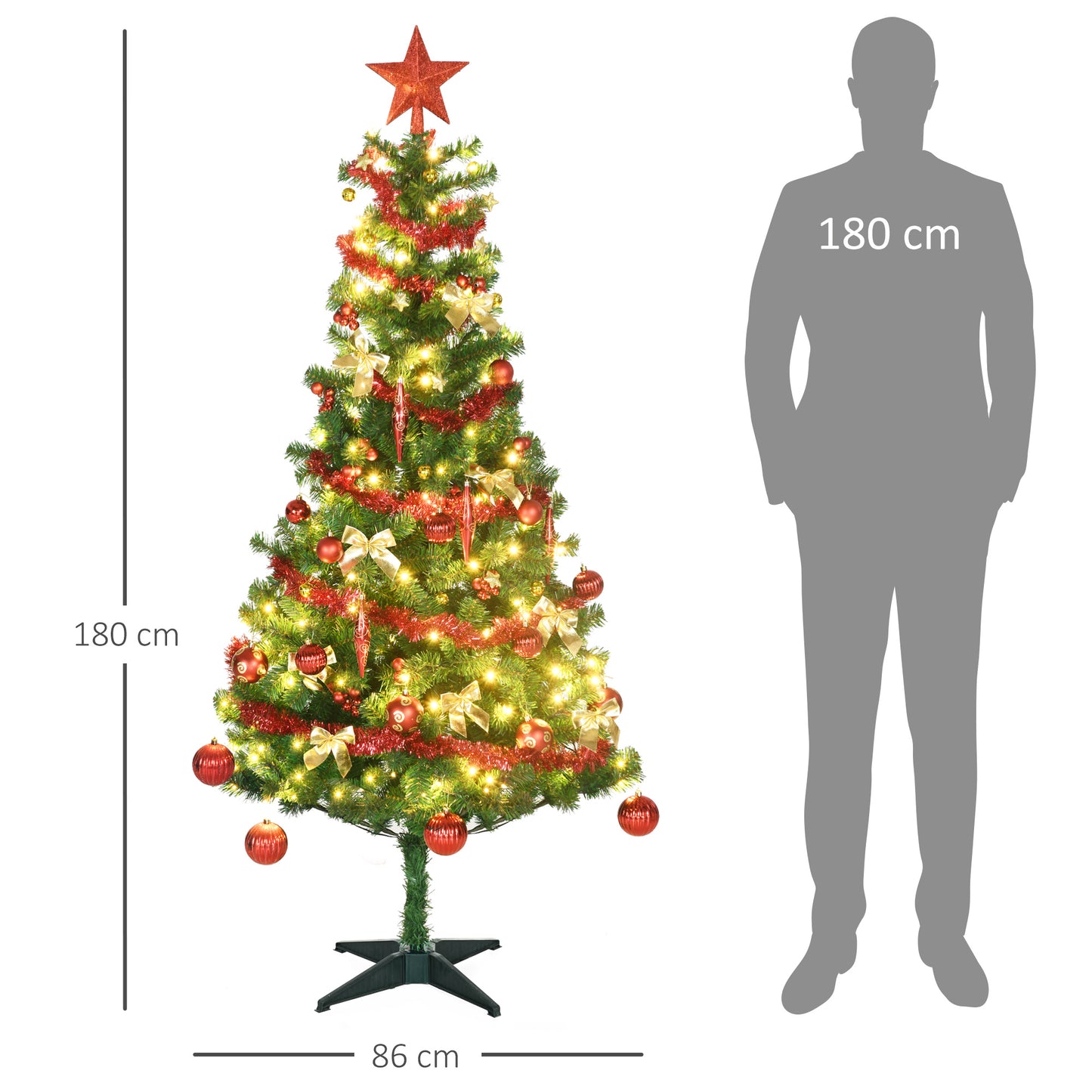 HOMCOM Árbol de Navidad Artificial 180 cm con 150 Luces LED con 8 Modos de Iluminación Árbol de Navideño de 480 Ramas con 100 Decoraciones Soporte de Acero Ø86x180 cm Verde