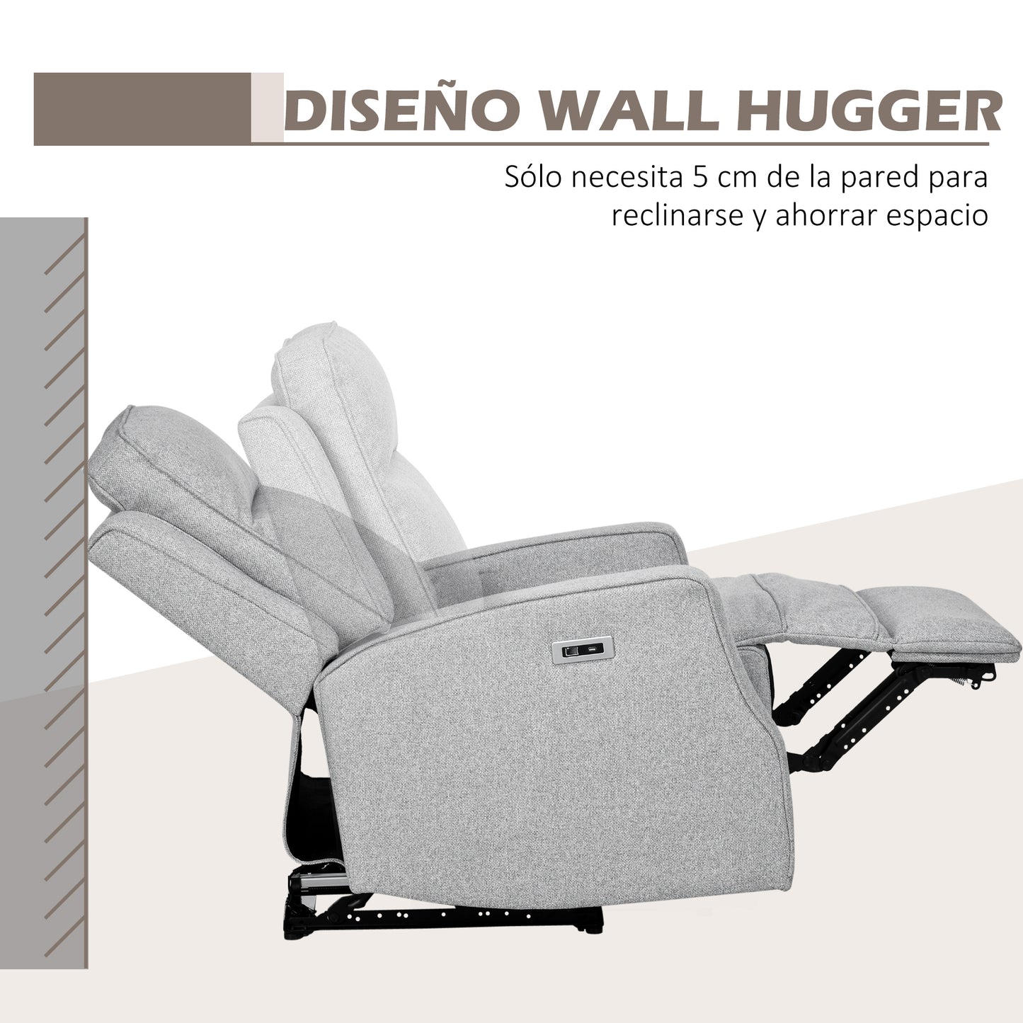 HOMCOM Sillón Relax Reclinable Eléctrico Sillón Relax de Salón con Reposabrazos Ángulo de Reclinación hasta 150°y USB Carga 136 kg Sofá Reclinable para Salón Oficina Dormitorio 84x92x104 cm Gris