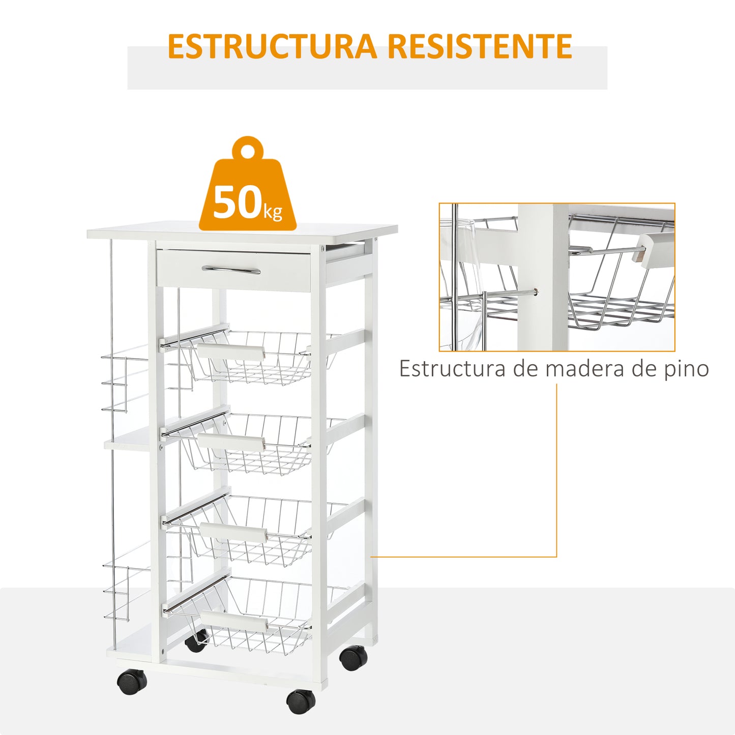 HOMCOM Carrito de Cocina con Ruedas Carro Multiusos con Cajón 4 Cestas Extraíbles de Metal y Bastidores Laterales 47x37x83 cm Blanco