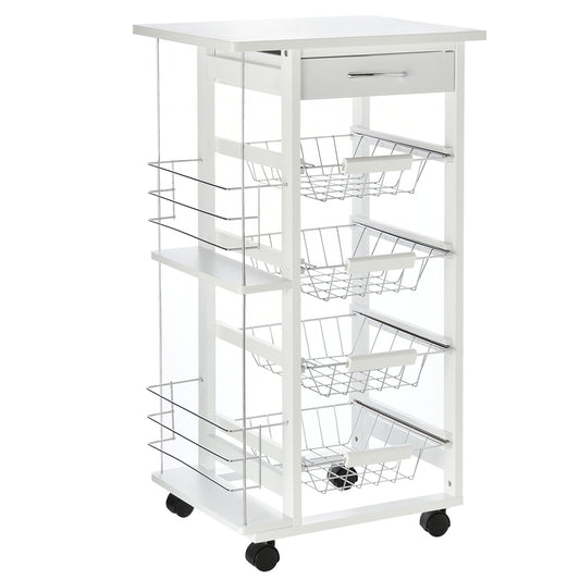 HOMCOM Carrito de Cocina con Ruedas Carro Multiusos con Cajón 4 Cestas Extraíbles de Metal y Bastidores Laterales 47x37x83 cm Blanco