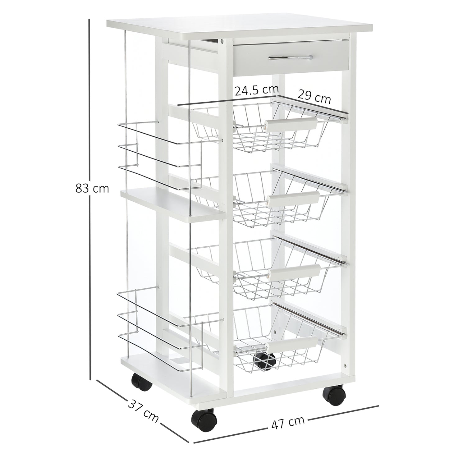 HOMCOM Carrito de Cocina con Ruedas Carro Multiusos con Cajón 4 Cestas Extraíbles de Metal y Bastidores Laterales 47x37x83 cm Blanco