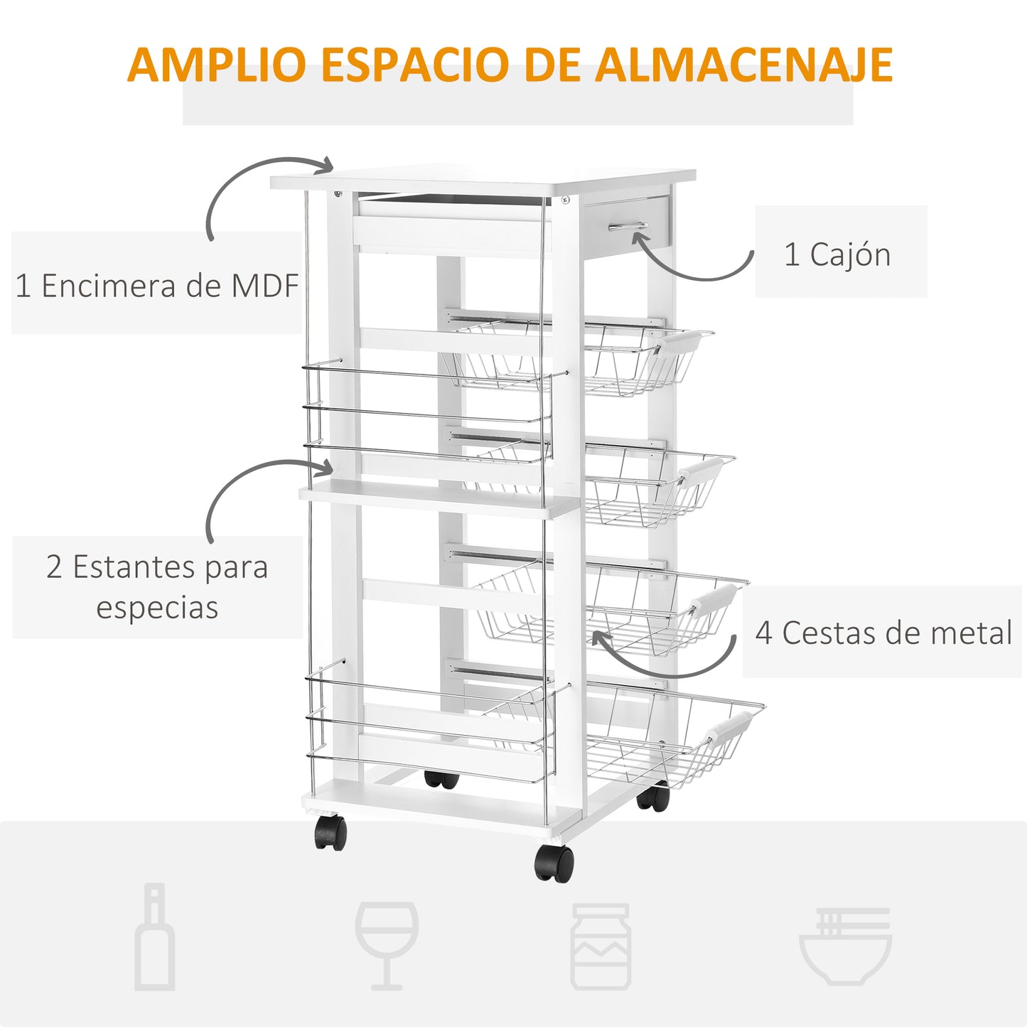 HOMCOM Carrito de Cocina con Ruedas Carro Multiusos con Cajón 4 Cestas Extraíbles de Metal y Bastidores Laterales 47x37x83 cm Blanco