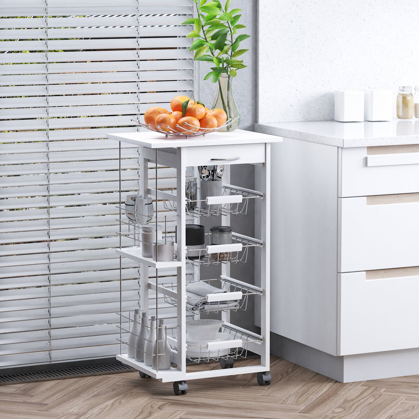 HOMCOM Carrito de Cocina con Ruedas Carro Multiusos con Cajón 4 Cestas Extraíbles de Metal y Bastidores Laterales 47x37x83 cm Blanco