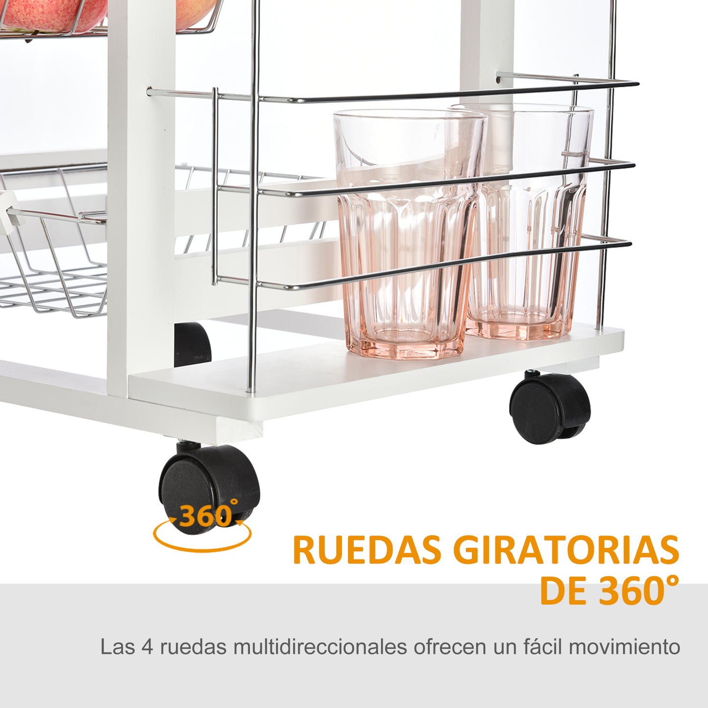 HOMCOM Carrito de Cocina con Ruedas Carro Multiusos con Cajón 4 Cestas Extraíbles de Metal y Bastidores Laterales 47x37x83 cm Blanco