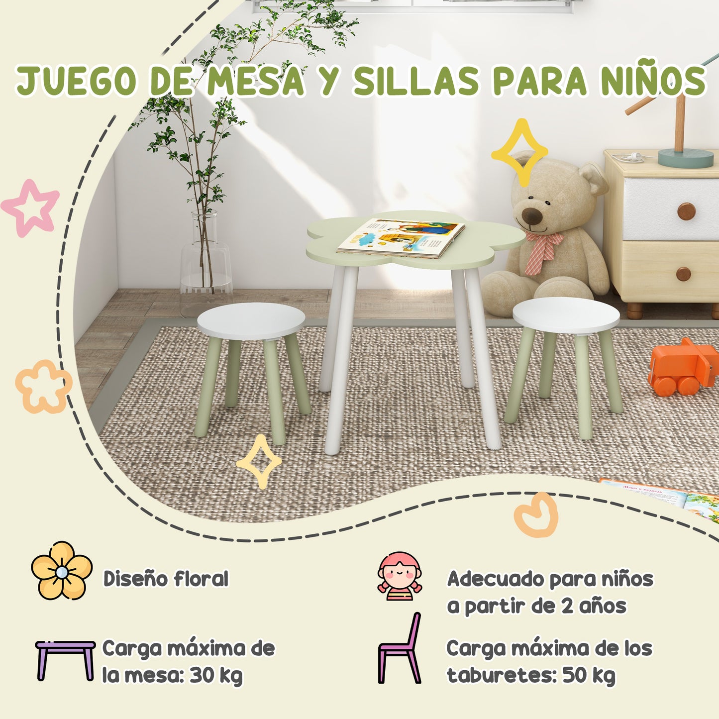 ZONEKIZ Juego de Mesa y 2 Sillas Infantiles Mesa con Sillas para Niños de 2-5 Años con Mesa en Forma de Flores Ø59x50 cm y Sillas Ø28x26 cm para Dormitorio Sala Blanco y Verde Pastel