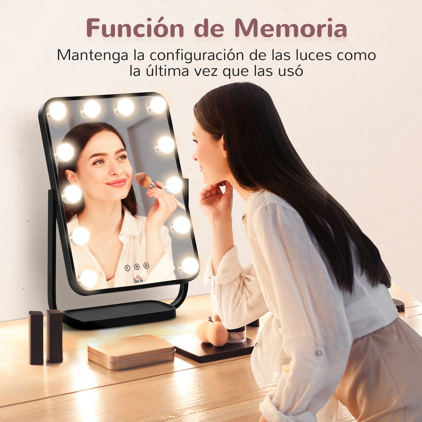 HOMCOM Espejo de Maquillaje con Luz Espejo Hollywood de Mesa con 12 LED 3 Modos y Luz Ajustable Pantalla Táctil y Función de Memoria para Dormitorio Baño 32,8x11x47,4 cm Negro