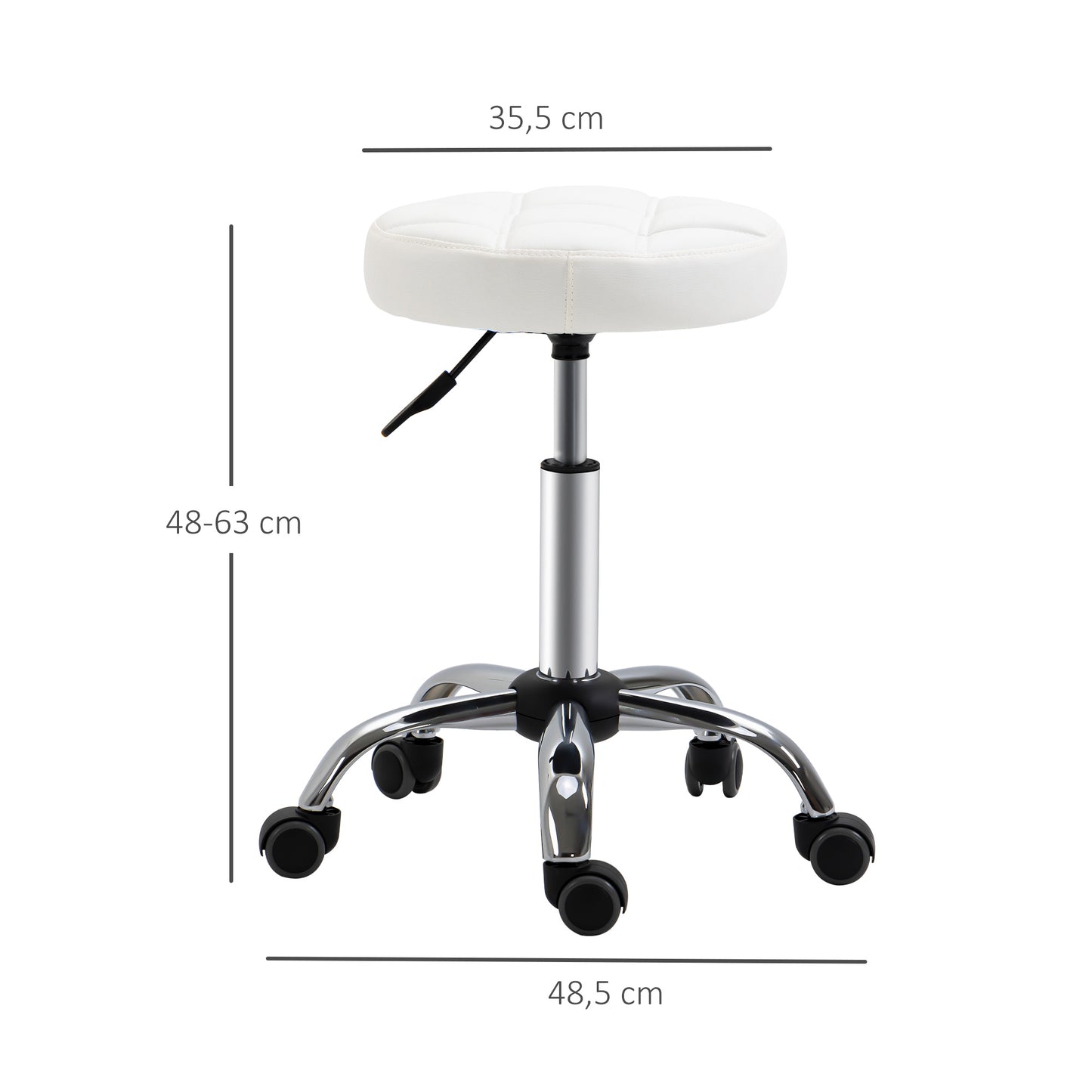 HOMCOM Taburete Giratorio con Ruedas Regulable en Altura de 48-63 cm Taburete de Trabajo Tapizado en Cuero PU para Peluquería Cosmética Dentista Diámetro Ø35,5 cm Blanco