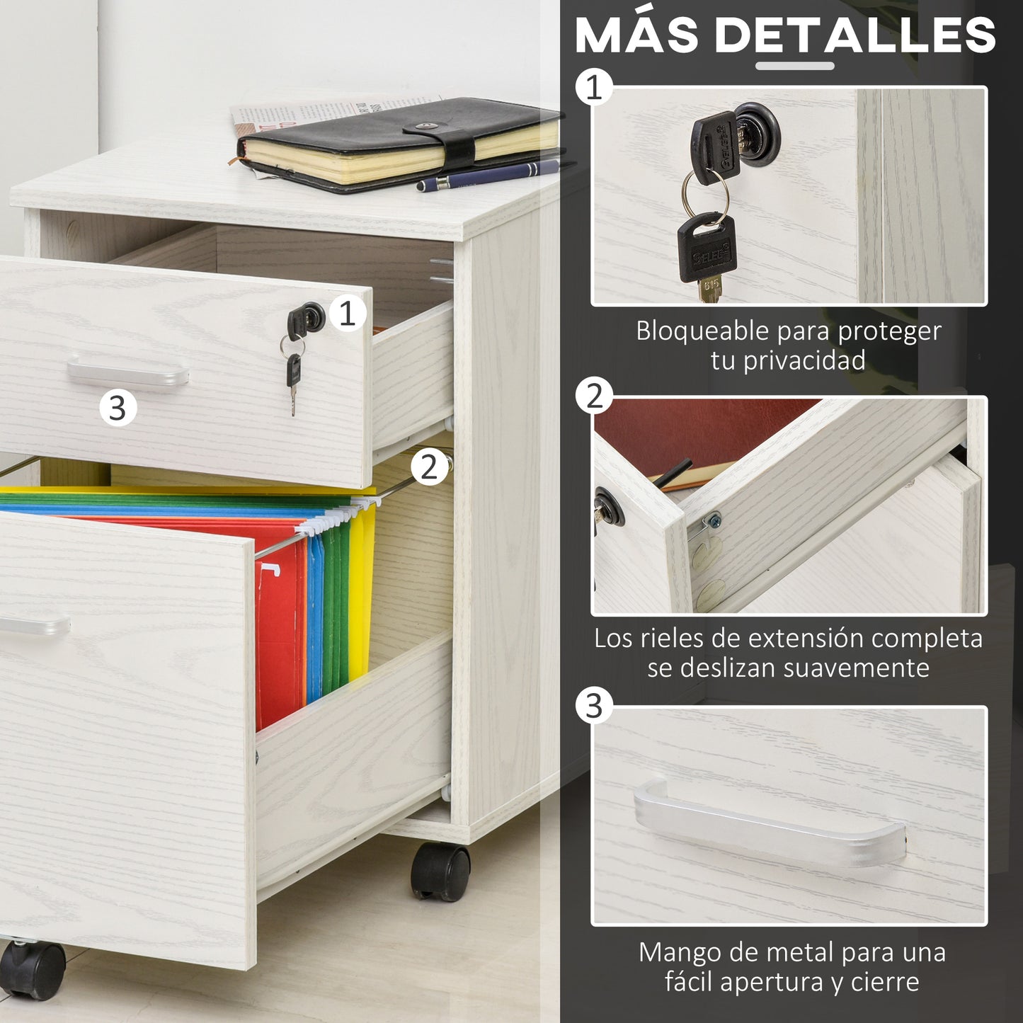 Vinsetto Archivador Móvil para Archivos A4 con Ruedas Gabinete de Archivos Suspendidos con 2 Cajones y Cerradura 40x45x55,6 cm Blanco