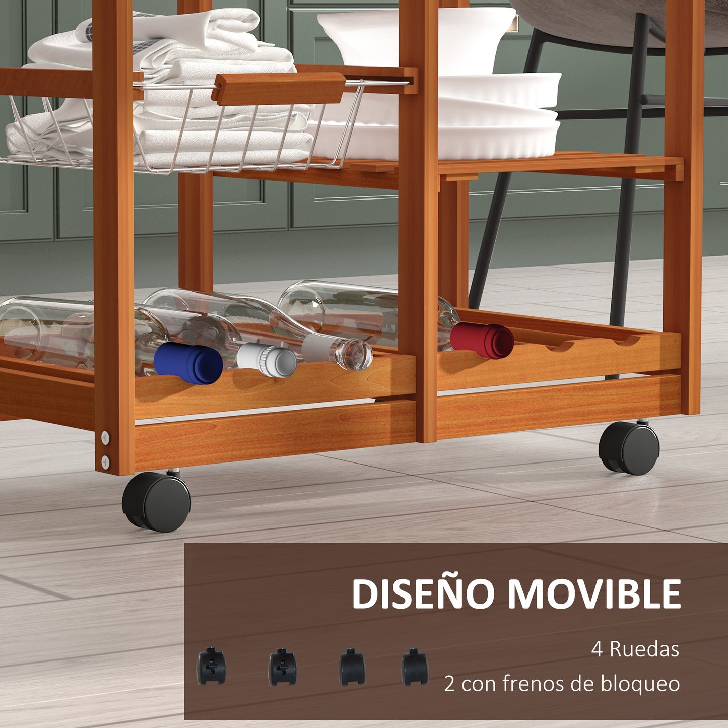 HOMCOM Carrito para Cocina Multifuncional Carrito Auxiliar de Madera con Gran Espacio de Almacenaje Cajones Cestas Estantes 4 Ruedas Freno