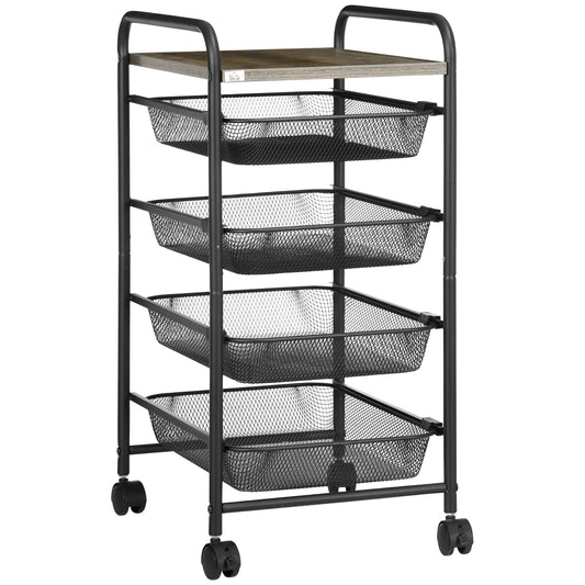 HOMCOM Carrito Auxiliar con Ruedas Carrito de Cocina de 5 Niveles con 4 Bandejas Extraíbles y Tablero de Madera para Salón Dormitorio 41,5x31x66 cm Negro