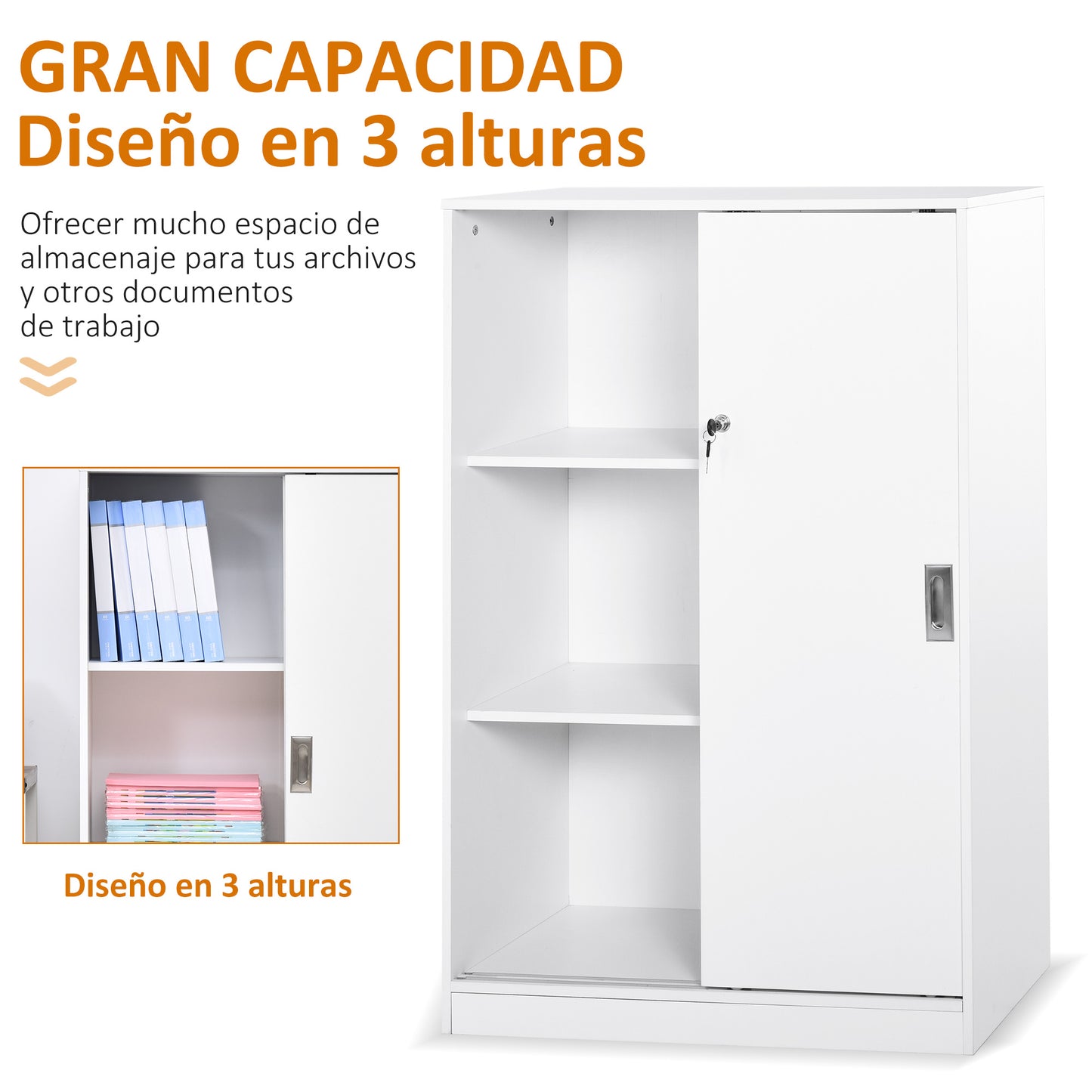 HOMCOM Armario de Oficina Práctico con 2 Puertas Correderas Bloqueables y 3 Estantes para Despacho Estudio 80x40x120 cm Blanco