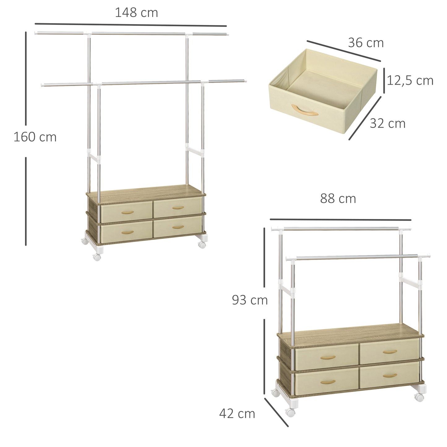 HOMCOM Burro Ropa con Ruedas Perchero de Ropa Altura Regulable con 4 Cajones de Tela y Barras Extensible para Sala Dormitorio Pasillo 88-148x42x93-160 cm Beige