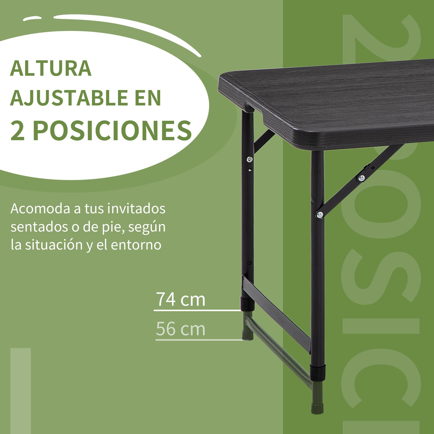 Outsunny Mesa de Jardín Rectangular Plegable Mesa de Comedor Exterior para 4 Personas con Altura Ajustable y Marco de Acero para Patio Terraza Balcón 118x60x56-74 cm Gris Oscuro