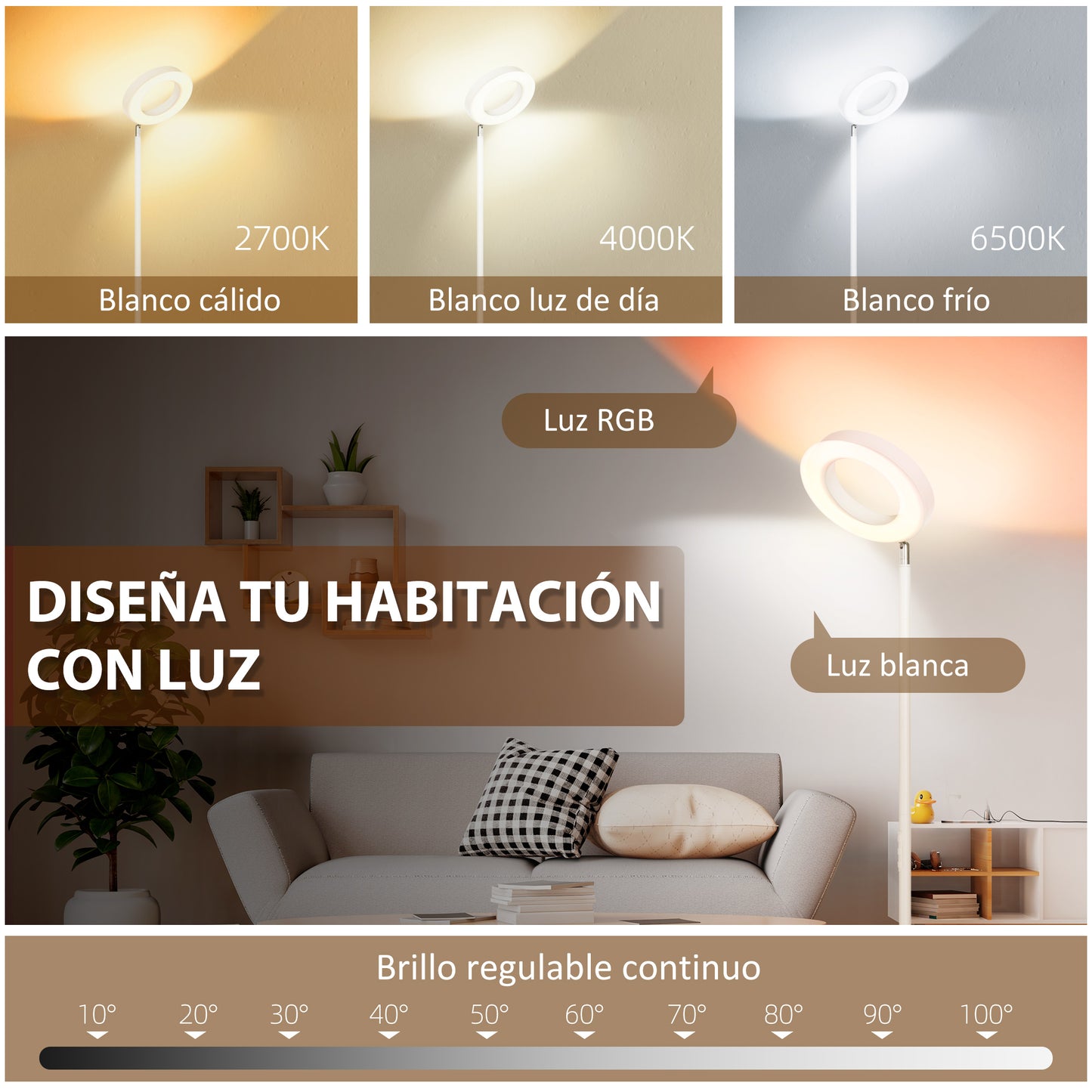 HOMCOM Lámpara de Pie Inteligente Iluminación hacia Arriba y hacia Abajo Lámpara Moderna con LED Regulable RGB 42W para Salón Dormitorio Ø25x168 cm Blanco