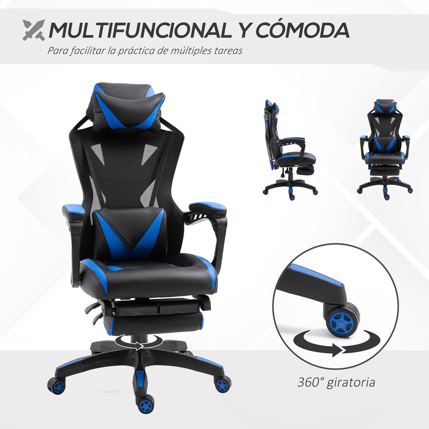 Vinsetto Silla Gaming Ergonómica Silla de Escritorio para Oficina con Altura Ajustable Respaldo Regulable de 170° Almohada Lumbar y Reposapiés Retráctil 65x70x117-125 cm Azul