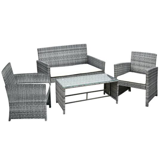 Outsunny Conjunto de Muebles de Jardín de Ratán 4 Piezas Juego de Muebles de Jardín Incluido 1 Sofá de 2 Plazas 2 Sillones y 1 Mesa de Centro con Tablero de Vidrio para Terraza Gris