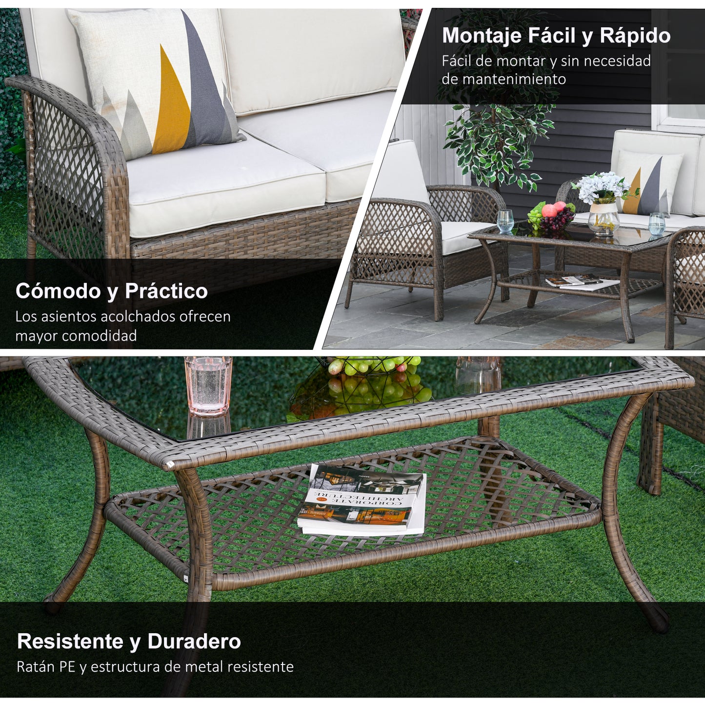 Outsunny Conjunto de 4 Muebles de Jardín de Ratán PE Sillón Sofá Doble y Mesa de Café con Cojines Lavable para Exterior Terraza Patio Marrón y Caqui