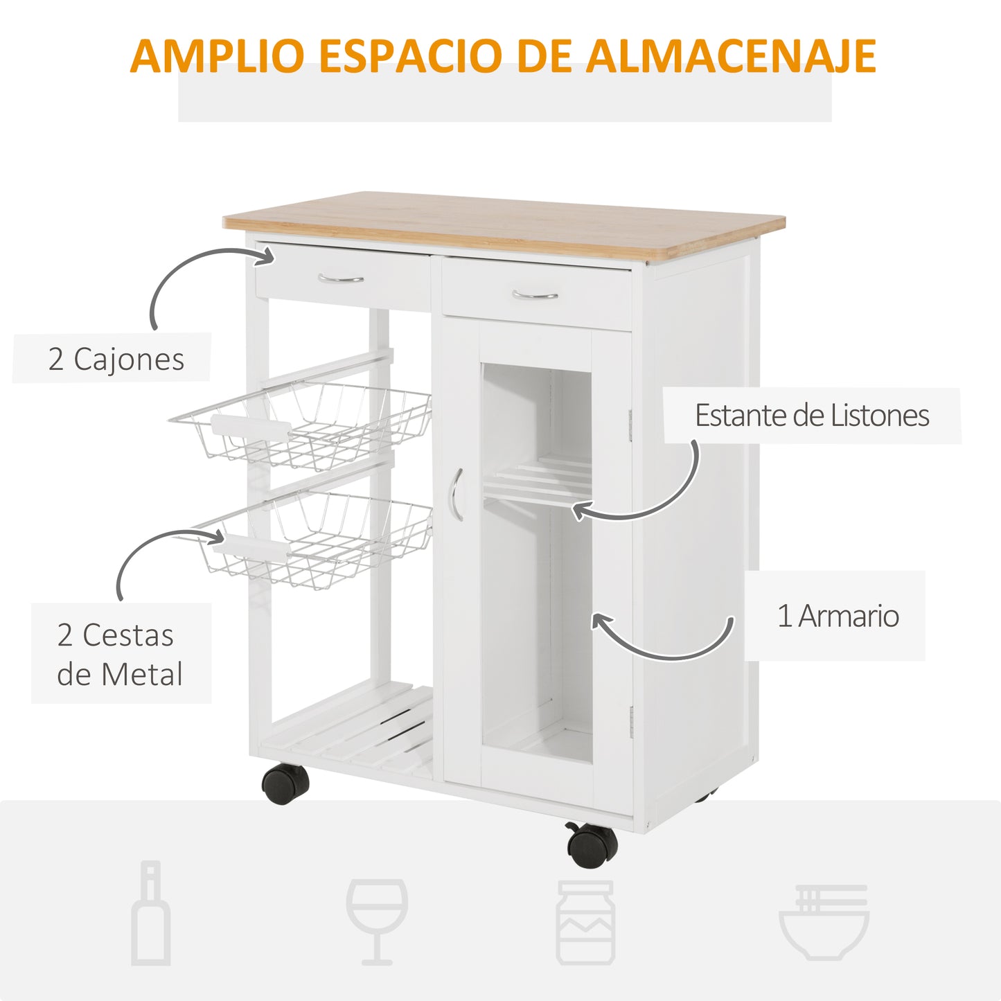 HOMCOM Carro de Cocina Carrito de Servir Multiusos Estantería Carrito Auxiliar con Ruedas para Baño Dormitorio con Estantes Cestas Cajones 70x37x85cm Madera