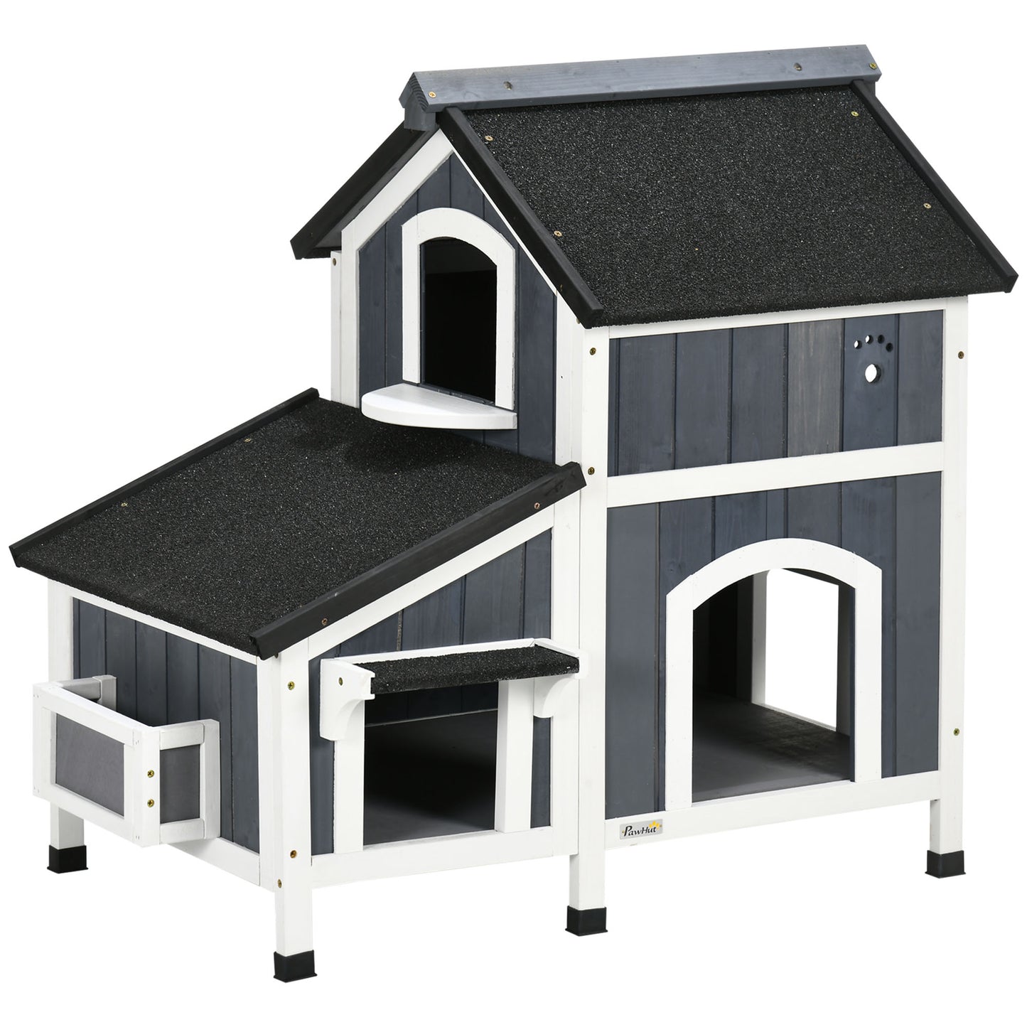 PawHut Casa para Gatos de Madera con Macetero 96x65x85,5 cm Caseta para Gatos de 2 Niveles Refugio para Gatos con Techo Asfáltico Ventana y Múltiples Entradas para Interior y Exterior Gris