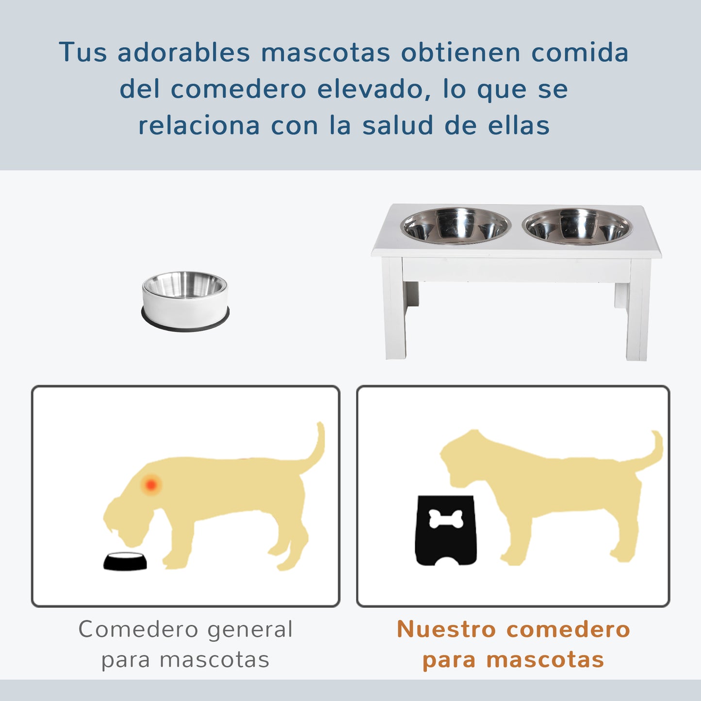 PawHut Comedero Elevado para Perros con Soporte y 2 Cuencos Extraíbles de Acero Inoxidable Alimentador para Mascotas Alimento y Agua 44x24x15 cm Blanco