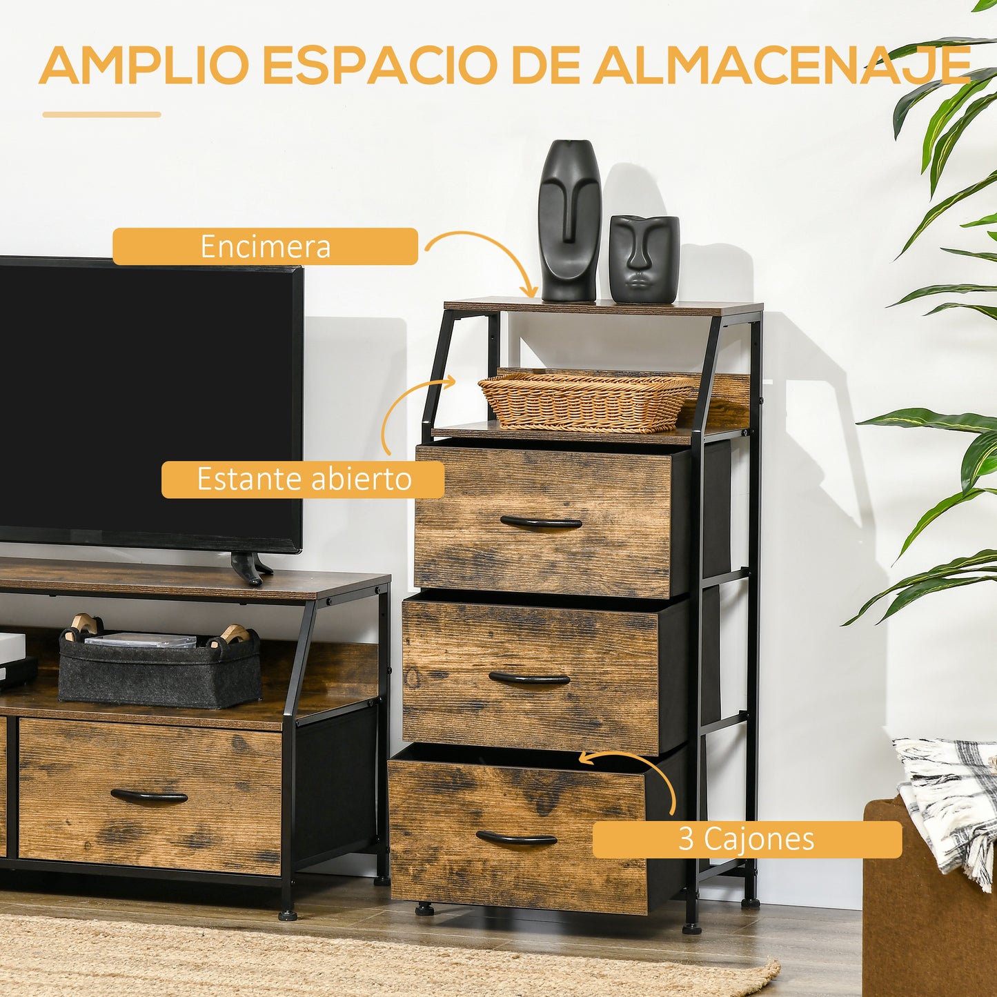 HOMCOM Cómoda Cajonera Cómoda de Madera con 3 Cajones de Tela Plegable y Estante Abierto para Salón Oficina Dormitorio Estilo Industrial Antivuelco 44x29x92 cm Marrón Rústico