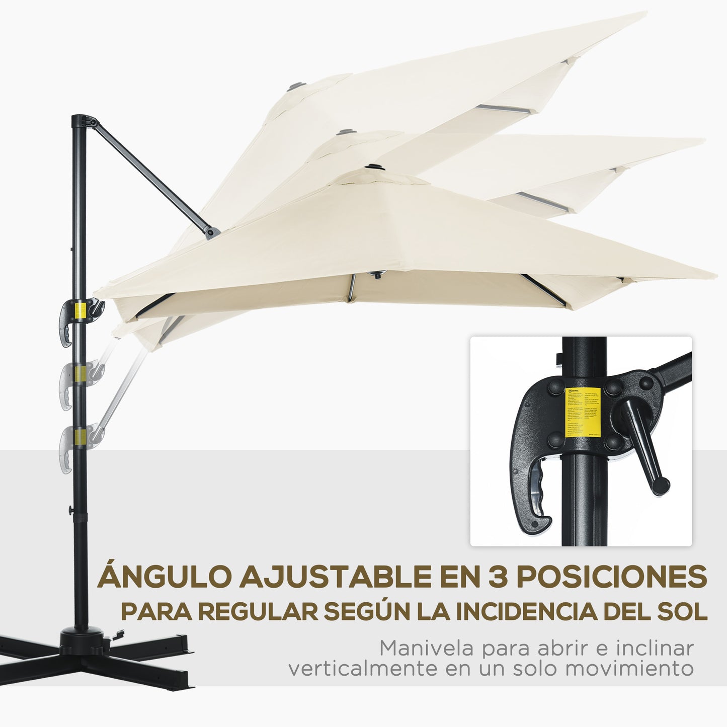 Outsunny Sombrilla de Jardín de Aluminio 245x245x245 cm Parasol Excéntrico con Manivela Giratorio 360° Inclinación de 5 Niveles Tela Desmontable Crema