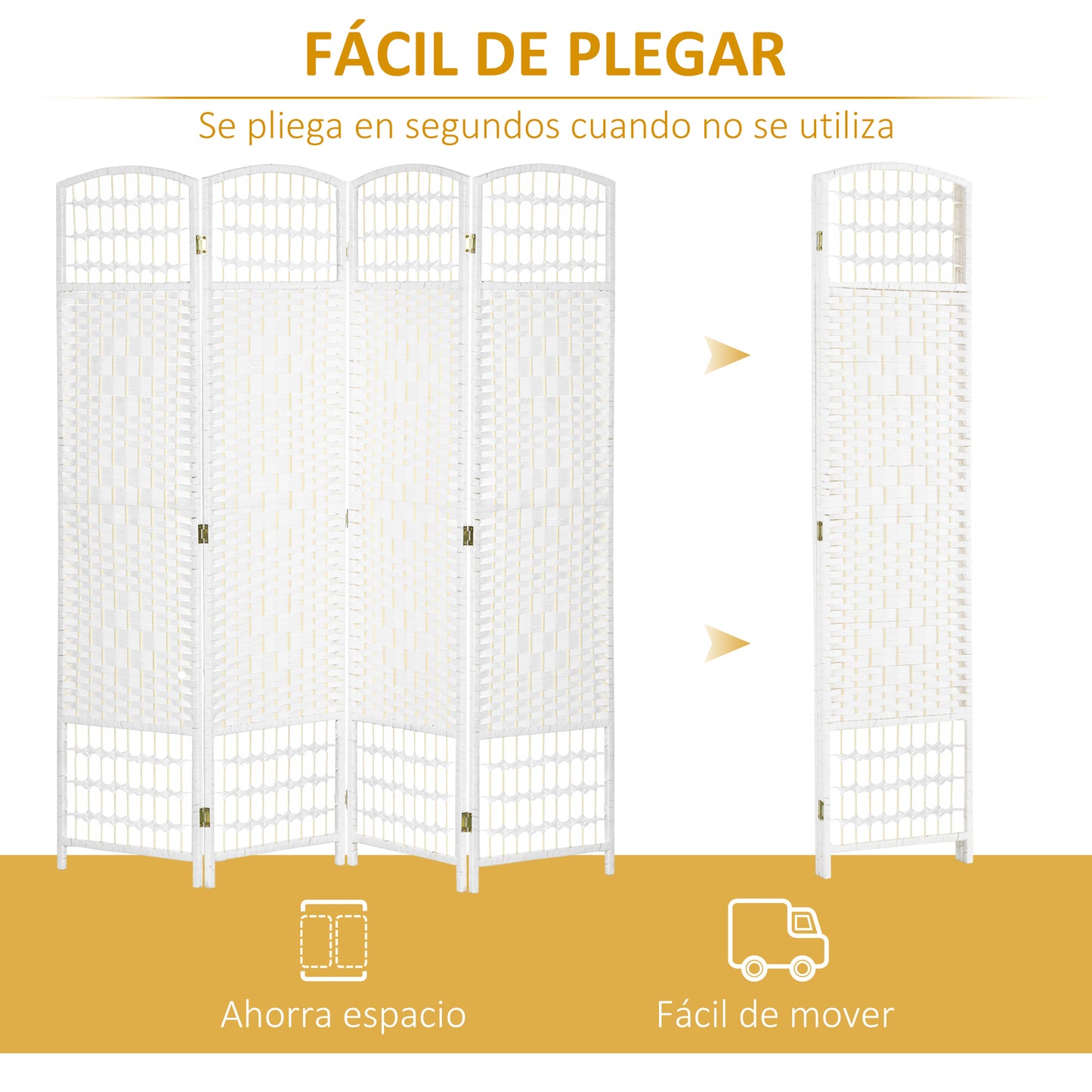 HOMCOM Biombo Separador de Ambientes 160x170 cm Divisor de Habitación Plegable de Cuerda de Papel y Marco de Madera Decoración para Dormitorio Salón Blanco