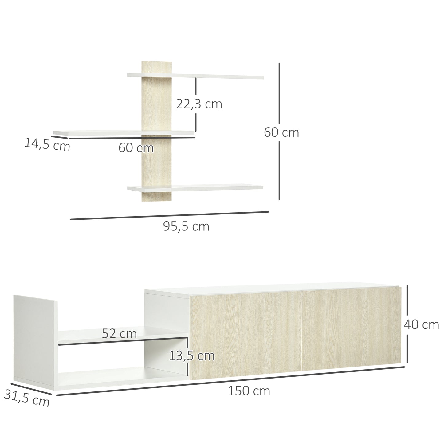 HOMCOM Mueble de Salón para TV Conjunto Mueble de TV con Mesa para Televisor 150x31,5x40 cm y Estante de Pared 95,5x16x60 cm Estilo Moderno Natural