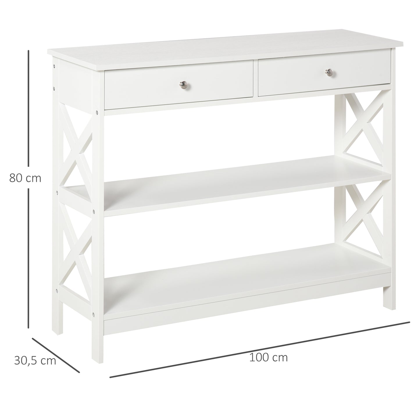 HOMCOM Mesa Consola de Entrada Recibidor con 2 Cajones y 2 Estantes Inferiores Mueble Moderno Base Elevada Antivuelco 100x30,5x80 cm Blanco