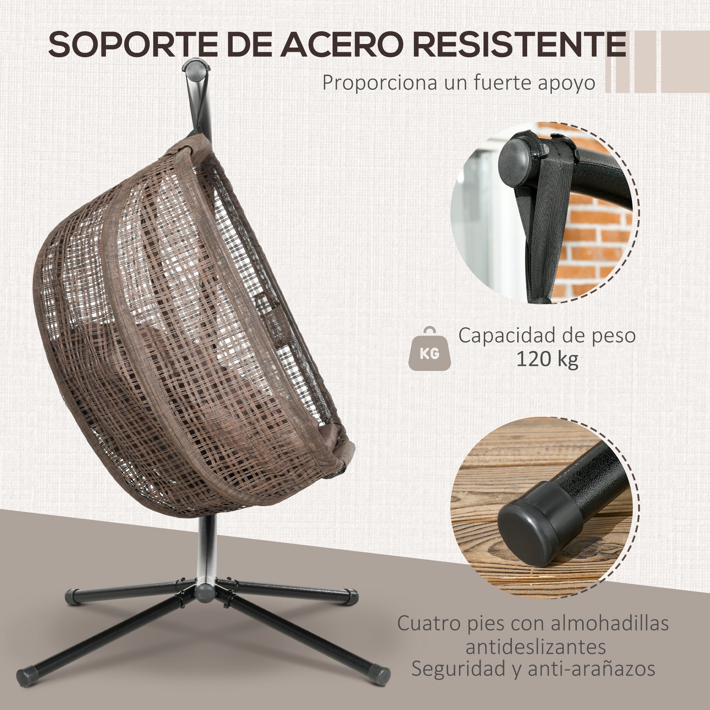 Outsunny Silla Colgante con Efecto Imitación Ratán Sillón Colgante con Soporte de Acero Cesta Plegable Bolsa de Taza y Cojines Carga 120 kg para Interior y Exterior Café