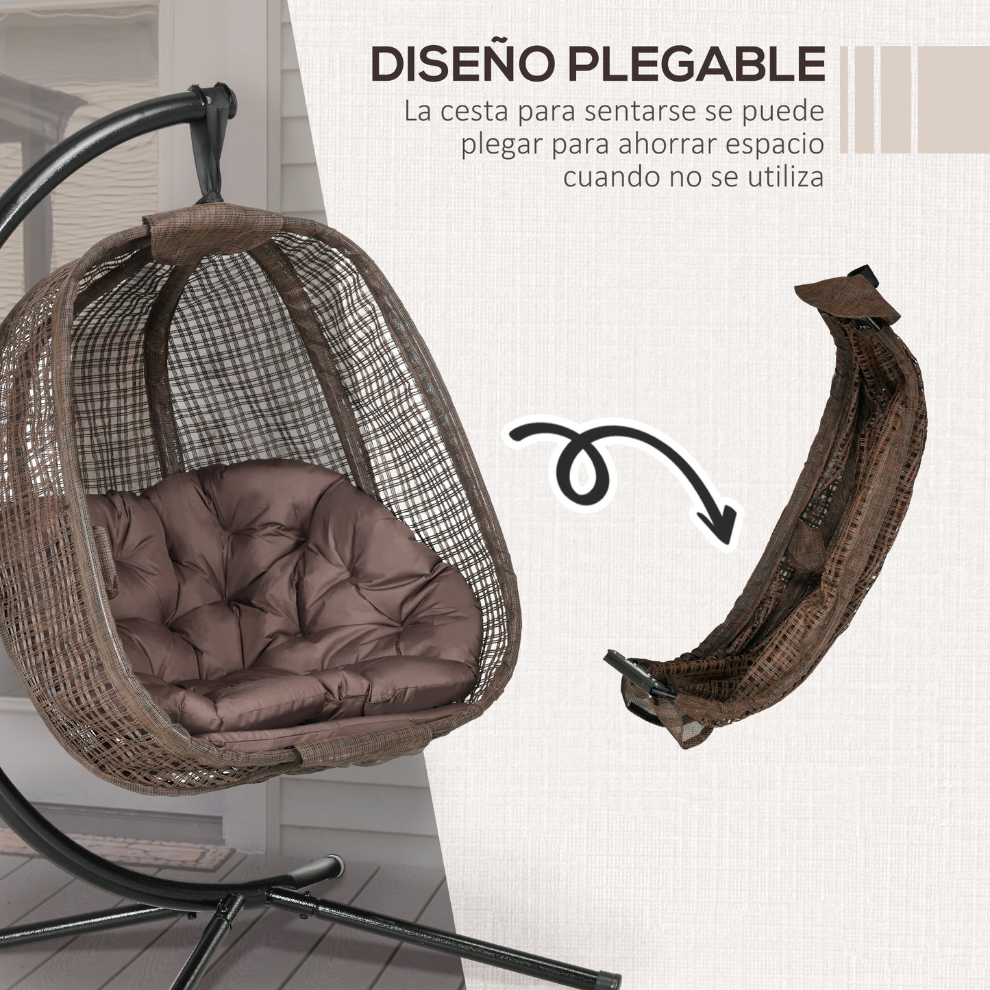 Outsunny Silla Colgante con Efecto Imitación Ratán Sillón Colgante con Soporte de Acero Cesta Plegable Bolsa de Taza y Cojines Carga 120 kg para Interior y Exterior Café