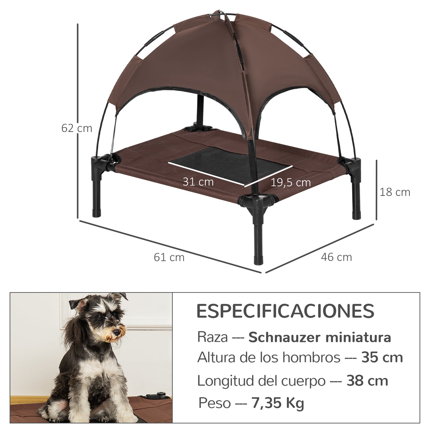 PawHut Cama Elevada para Mascotas Portátil con Toldo Extraíble Tela Transpirable al Aire Libre para Interior y Exterior 61x46x62 cm Café
