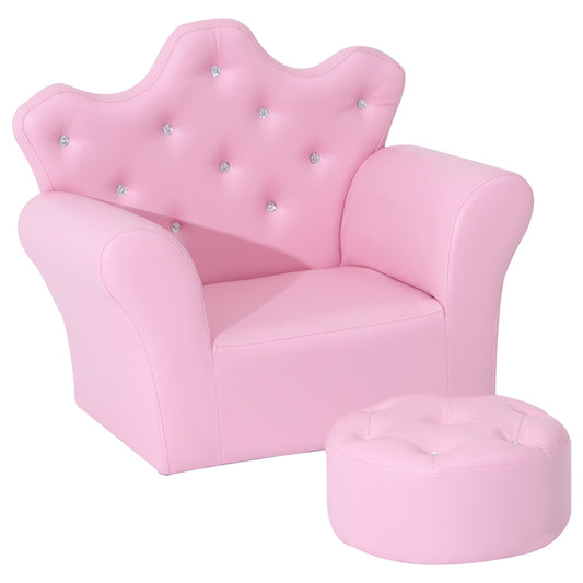 HOMCOM Sofá para Niños con Reposapiés Sillón Infantil Decorativo con Respaldo Alto en Forma de Corona y Reposabrazos Acolchado 58x40,5x49 cm Rosa