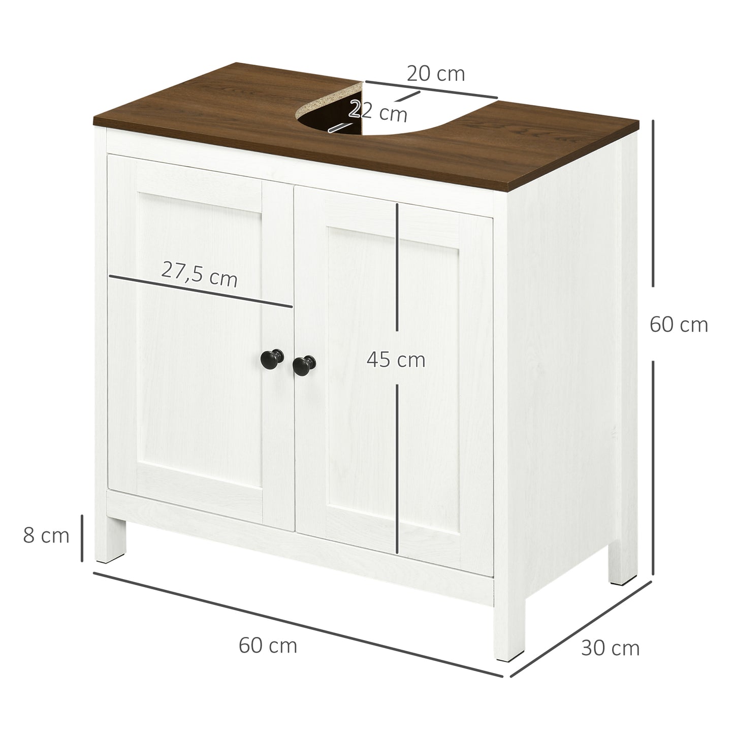 kleankin Mueble para Debajo del Lavabo Armario Bajo Lavabo de Madera con 2 Puertas y Estante Ajustable Armario de Baño de Suelo Moderno 60x30x60 cm Blanco