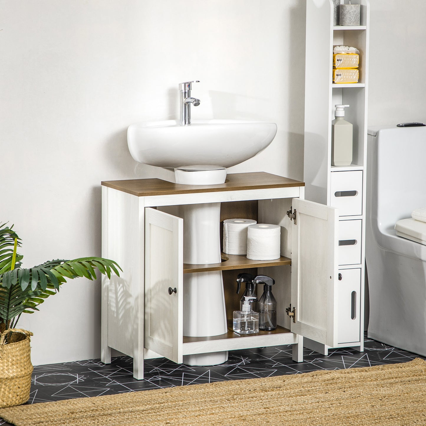 kleankin Mueble para Debajo del Lavabo Armario Bajo Lavabo de Madera con 2 Puertas y Estante Ajustable Armario de Baño de Suelo Moderno 60x30x60 cm Blanco