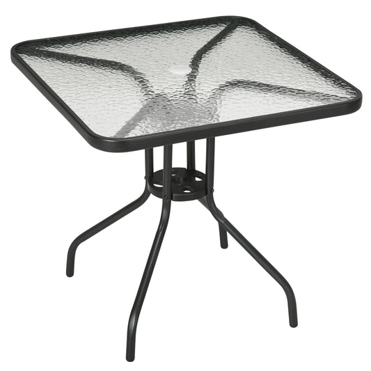 Outsunny Mesa de Jardín Cuadrada Mesa de Comedor Exterior 76x76x72 cm con Agujero para Sombrilla y Encimera de Vidrio Templado para Patio Terraza Negro