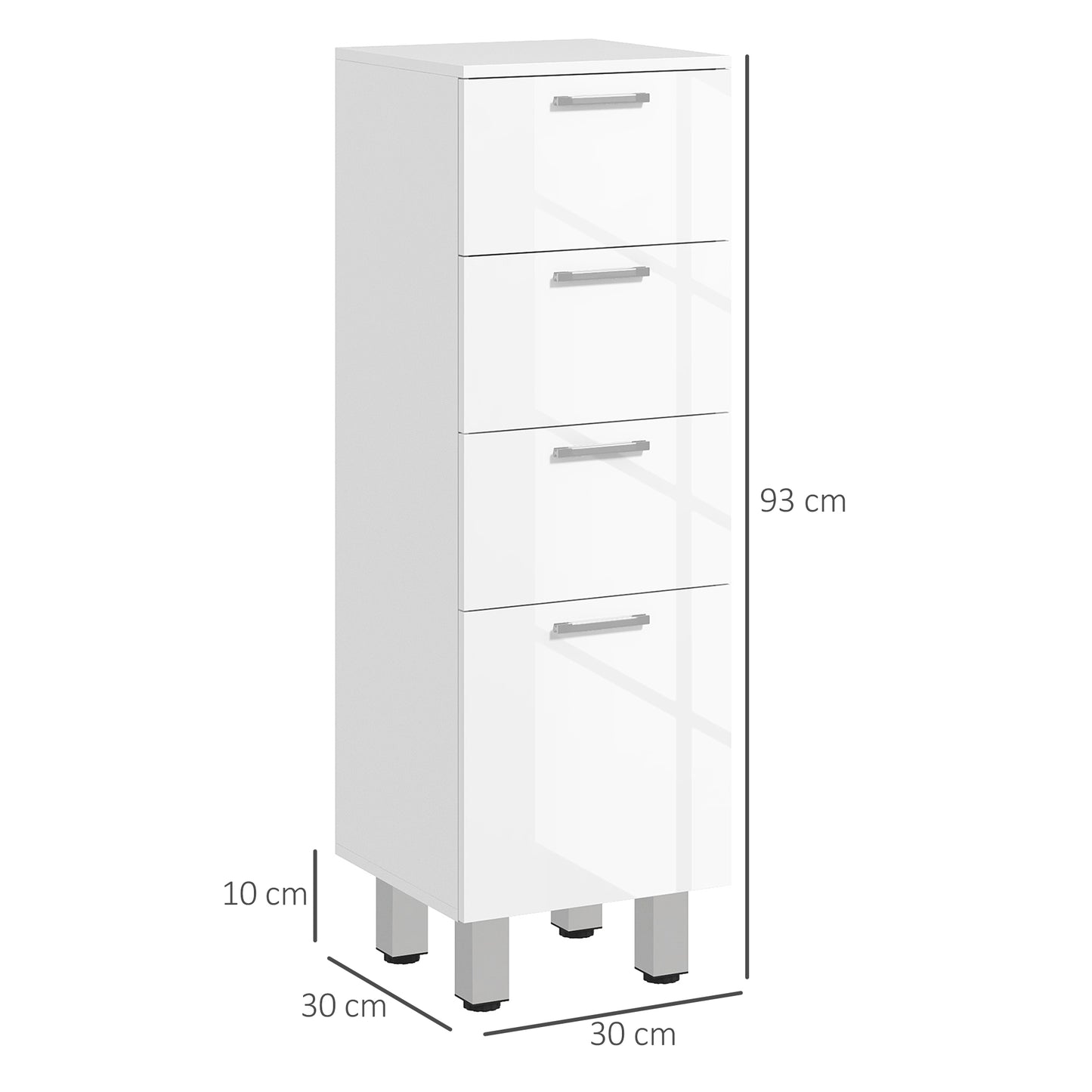 kleankin Mueble Auxiliar Baño Moderno Armario de Baño con 4 Cajones y 4 Patas Mueble de Almacenaje para Salón Dormitorio Antivuelco Carga 30 kg 30x30x93 cm Blanco Brillante