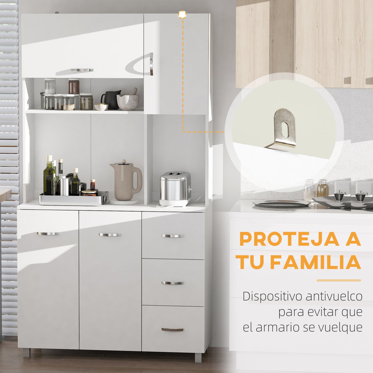 HOMCOM Alacena de Cocina Armario de Cocina Moderno Mueble Auxiliar de Comedor con 3 Cajones 4 Puertas y Estantes Ajustables para Salón 100x39,5x183,5 cm Blanco