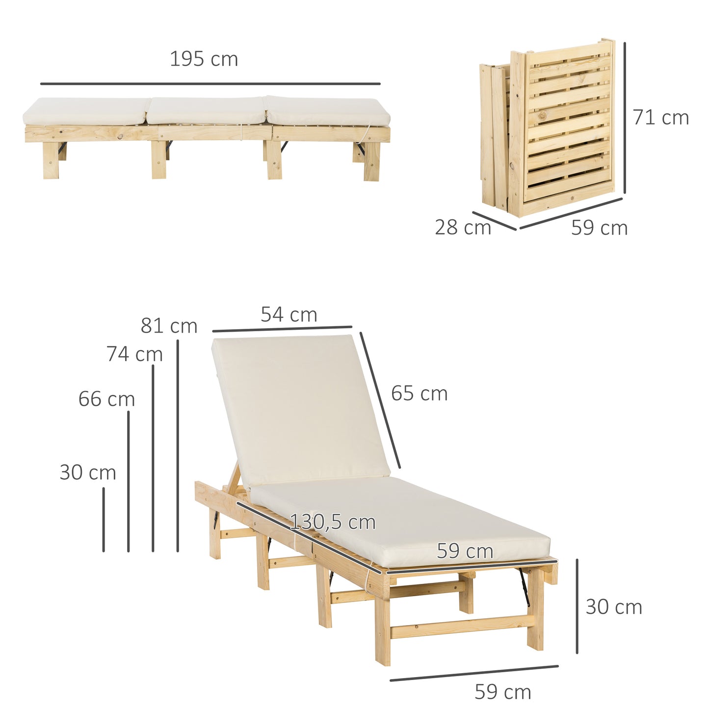 Outsunny Tumbona de Madera Plegable con Respaldo Ajustable en 4 Posiciones Cojín Extraíble Carga 113 kg para Jardín Terraza Camping Exterior 195x59x30 cm Natural