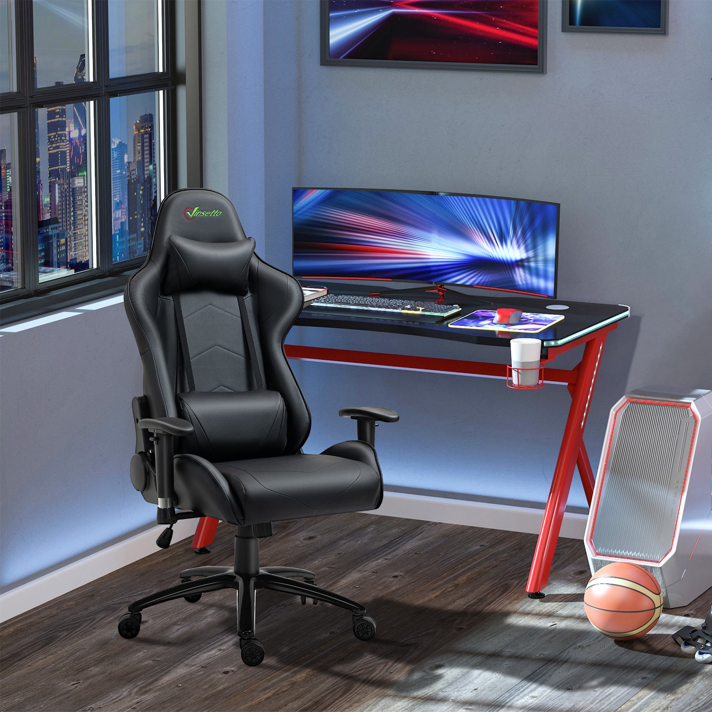 Vinsetto Silla Gaming Giratoria Silla Gamer Reclinable Tapizado en Cuero Sintético Altura Ajustable con Reposabrazos 2D Regulable Reposacabezas y Cojín Lumbar 73x71x128-136 cm Negro