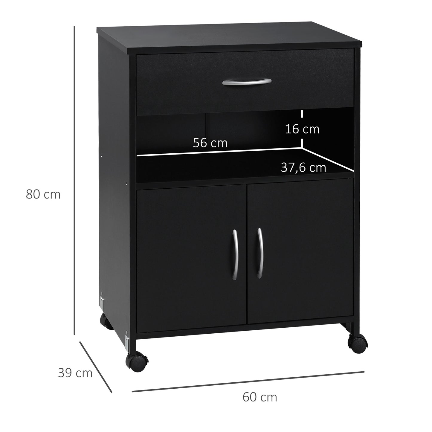 Vinsetto Armario para Impresora Soporte para Impresora con Ruedas Mueble Impresora con Cajón 2 Puertas y Compartimiento Abierto para Salón Oficina Estudio 60x39x80 cm negro