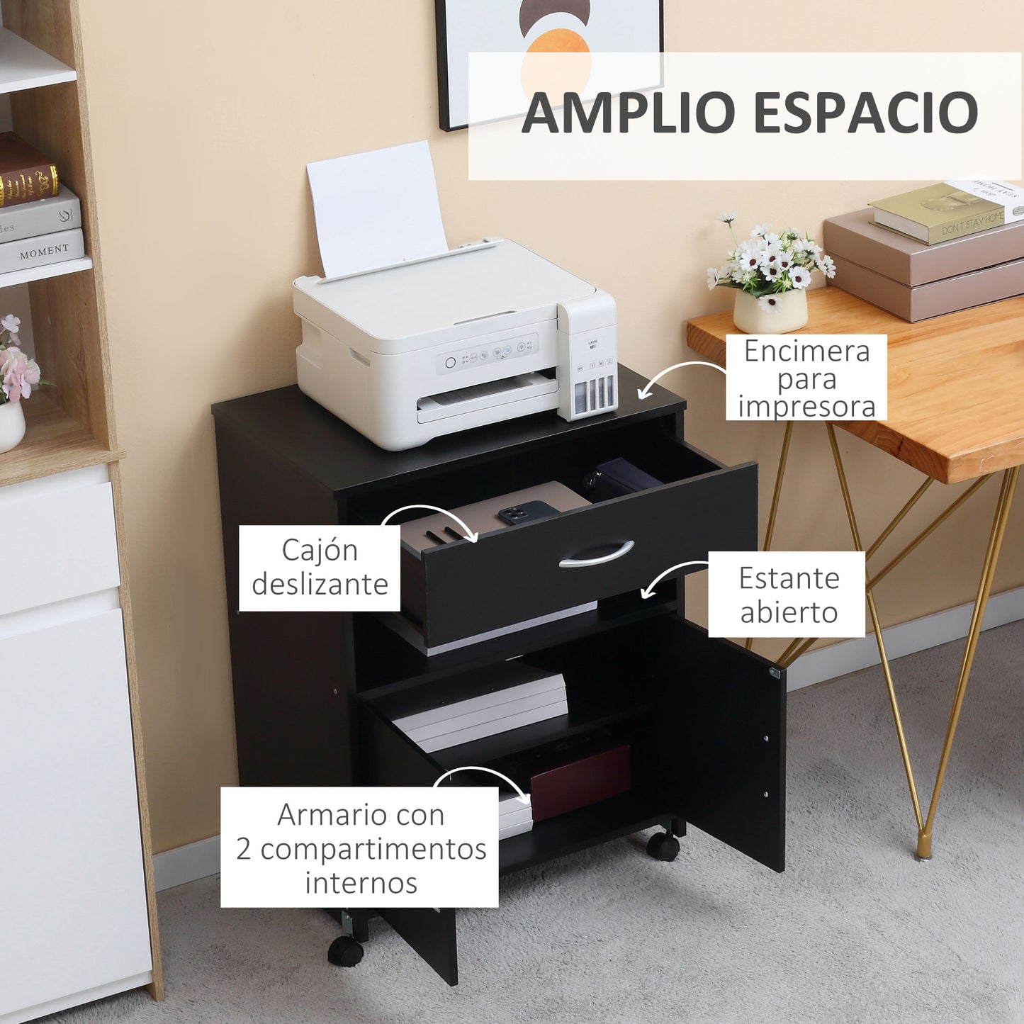 Vinsetto Armario para Impresora Soporte para Impresora con Ruedas Mueble Impresora con Cajón 2 Puertas y Compartimiento Abierto para Salón Oficina Estudio 60x39x80 cm negro