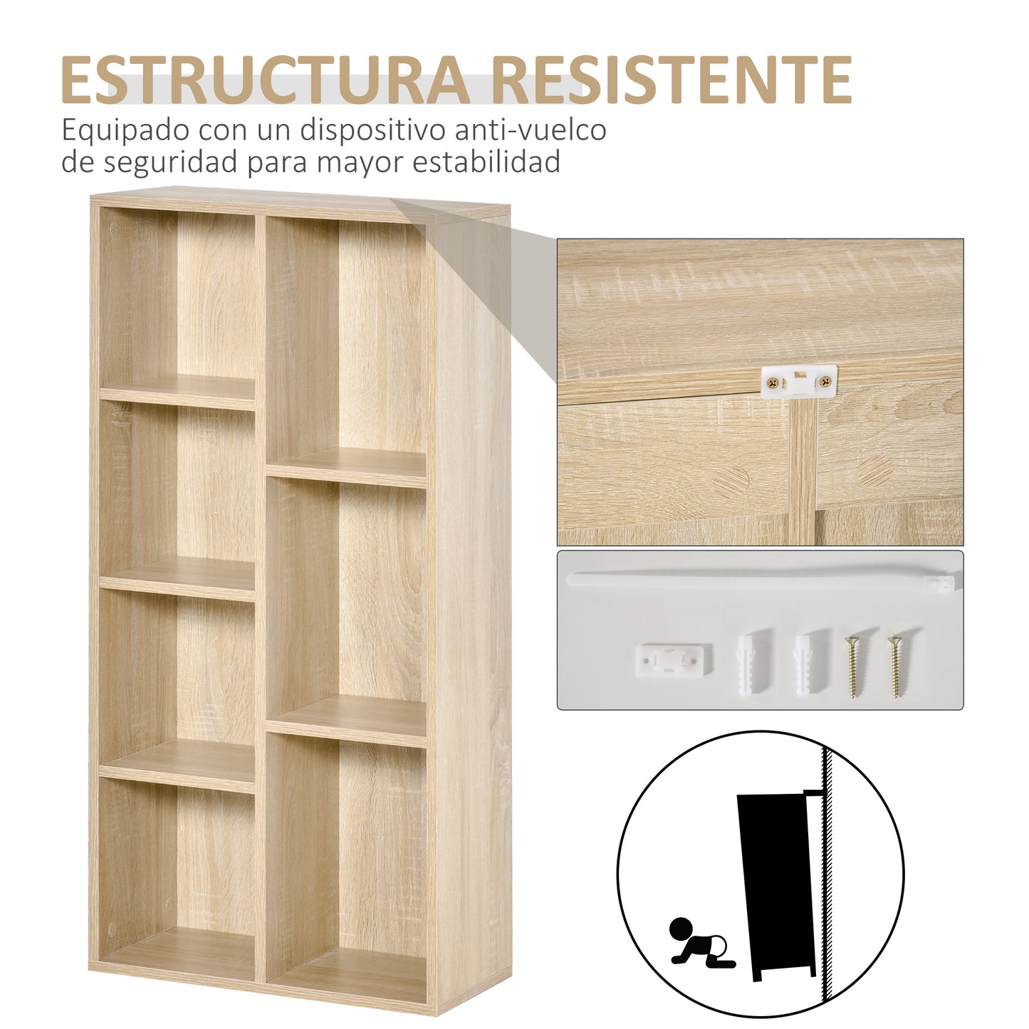 HOMCOM Estantería para Libros Librería de Madera con 7 Compartimentos de Almacenaje Plantas Archivos para Sala de Estar Dormitorio Oficina 50x24x106 cm Roble