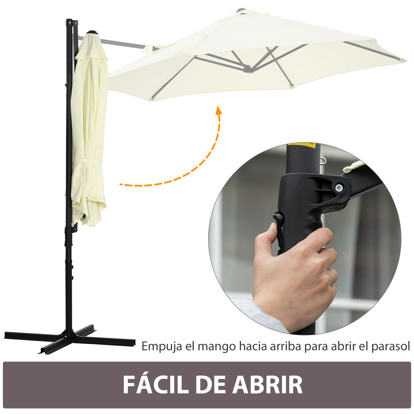 Outsunny Sombrilla de Jardín Ø256x245 cm Parasol Excéntrico Rotación de 360° con Apertura Manual y Base Cruzada para Patio Terraza Exterior Beige